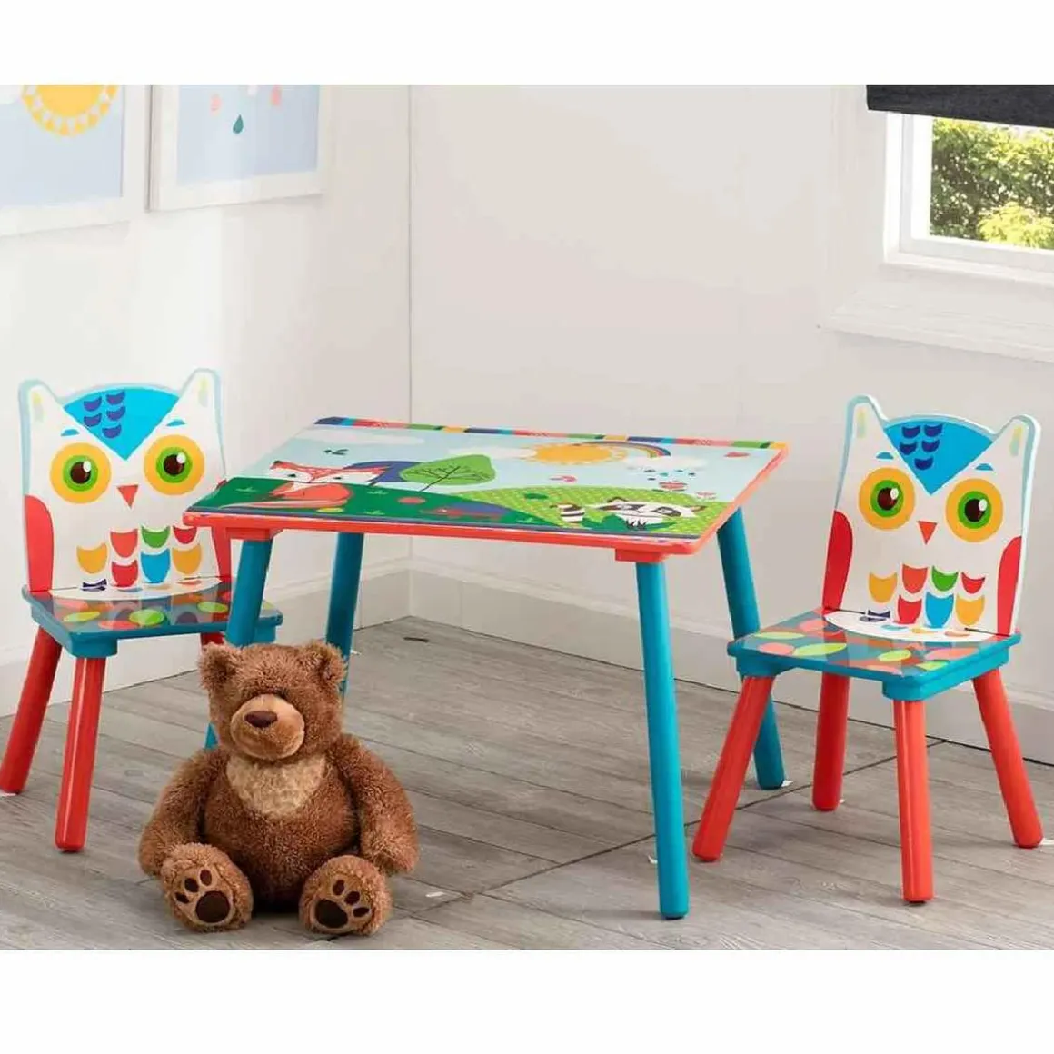 Baby Smile - Mesa con dos sillas de madera Buho