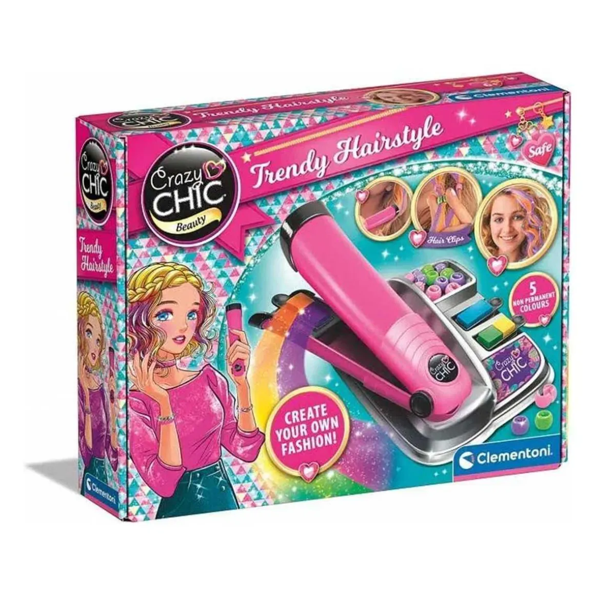 Clementoni - Peluquería creativa Crazy Chic con peine de tiza y placa de decoración ㅤ