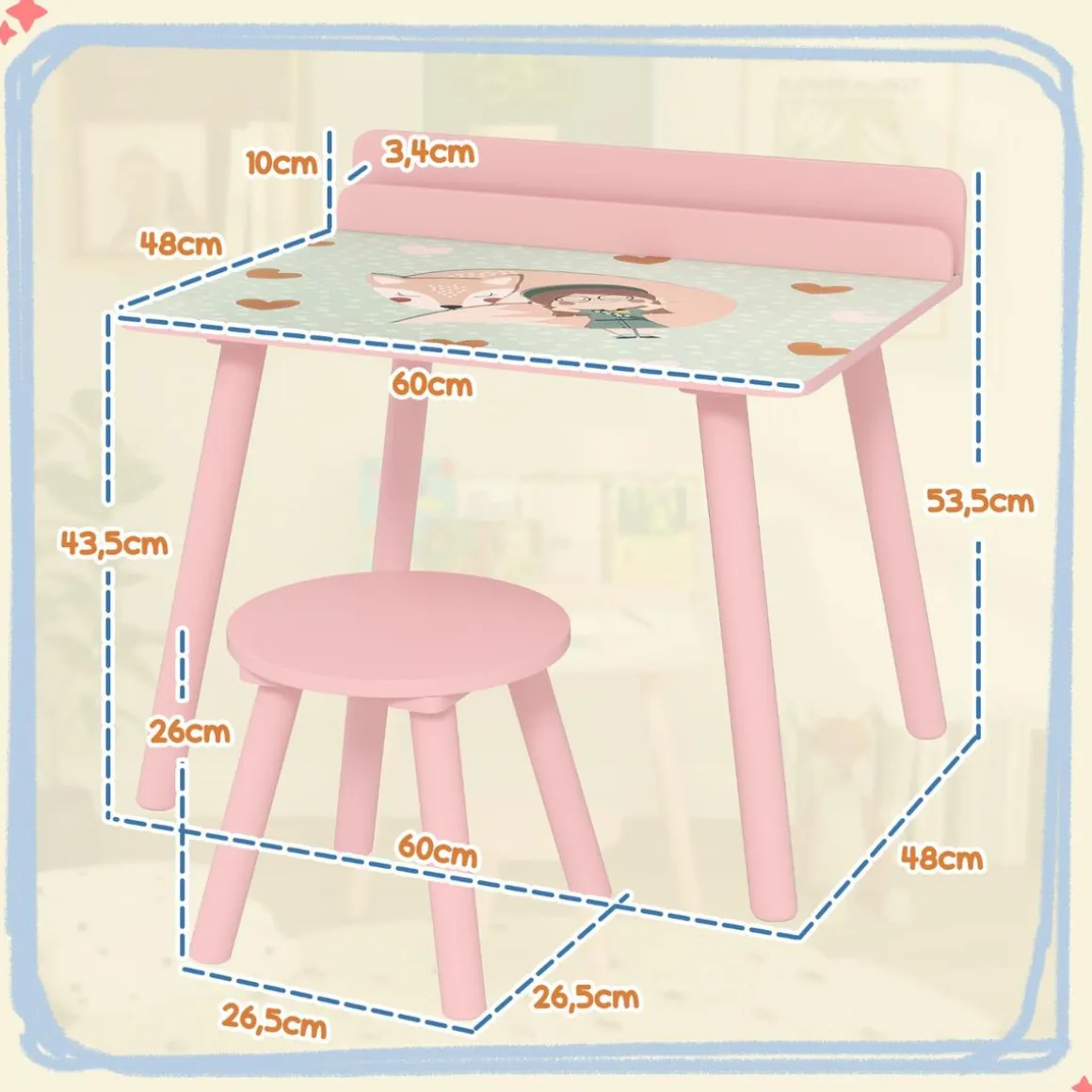 Conjunto de mesa y silla con estante integrado Rosa