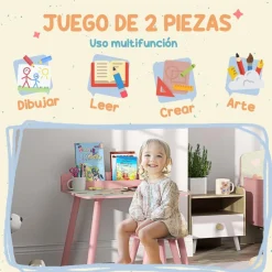 Conjunto de mesa y silla con estante integrado Rosa