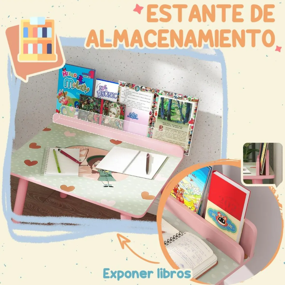 Conjunto de mesa y silla con estante integrado Rosa