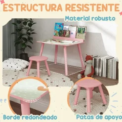 Conjunto de mesa y silla con estante integrado Rosa