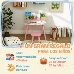 Conjunto de mesa y silla con estante integrado Rosa