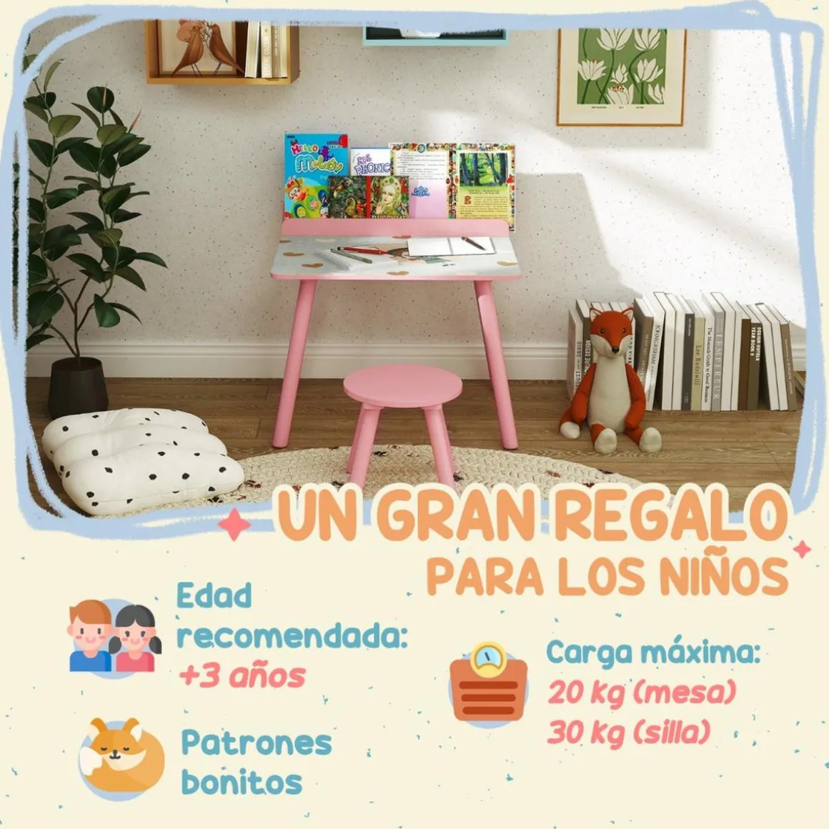 Conjunto de mesa y silla con estante integrado Rosa