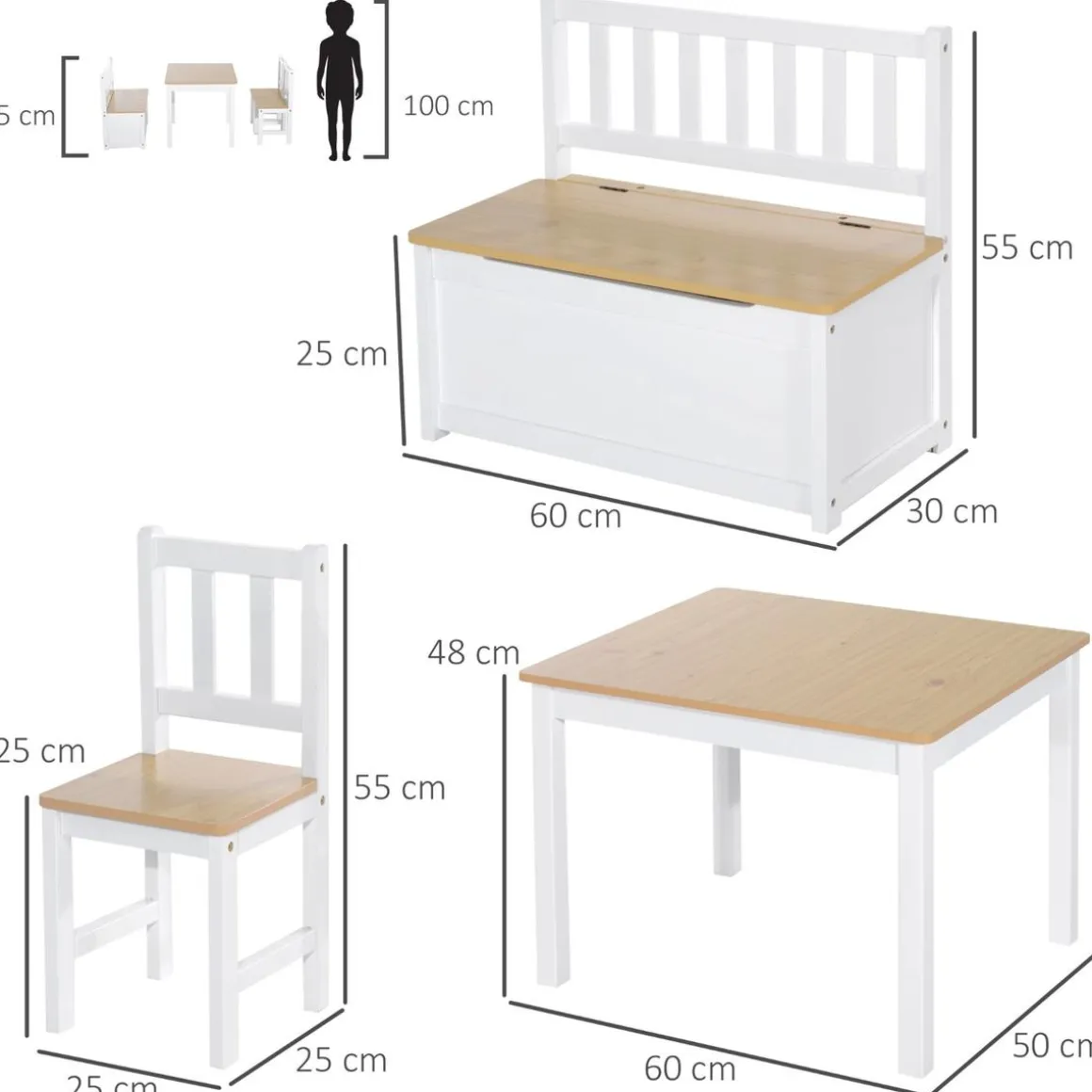 Homcom - Conjunto Mesa + Banco + 2 sillas infantiles Madera
