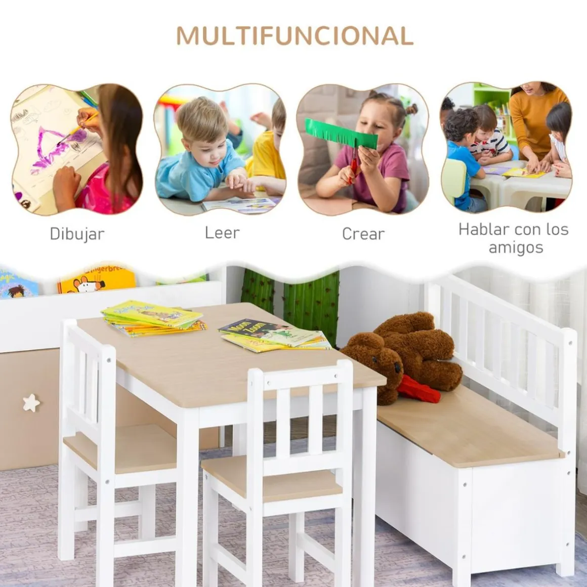 Homcom - Conjunto Mesa + Banco + 2 sillas infantiles Madera
