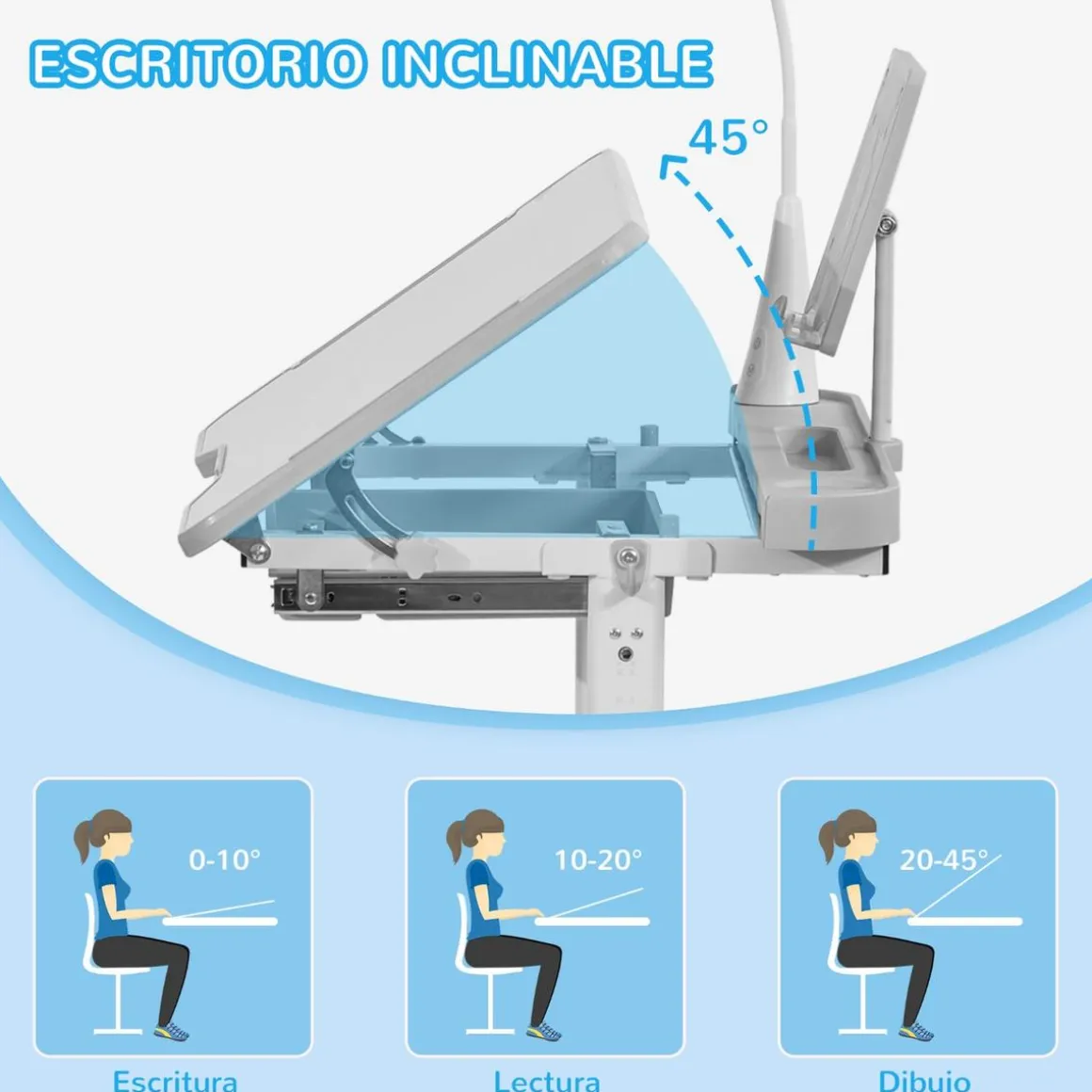 Homcom - Conjunto Pupitre reclinable + Silla Gris