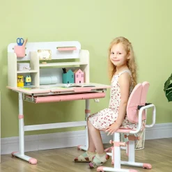 Homcom - Escritorio con estante y silla ajustable Rosa y Blanco