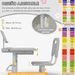 Homcom - Escritorio y silla ajustable Gris y Blanco