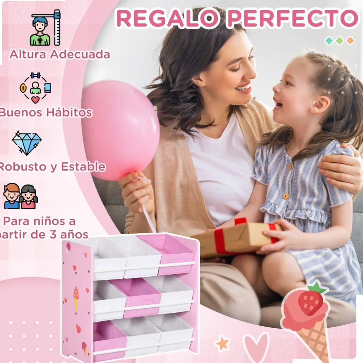 Homcom - Estantería infantil con 9 cajas Rosa
