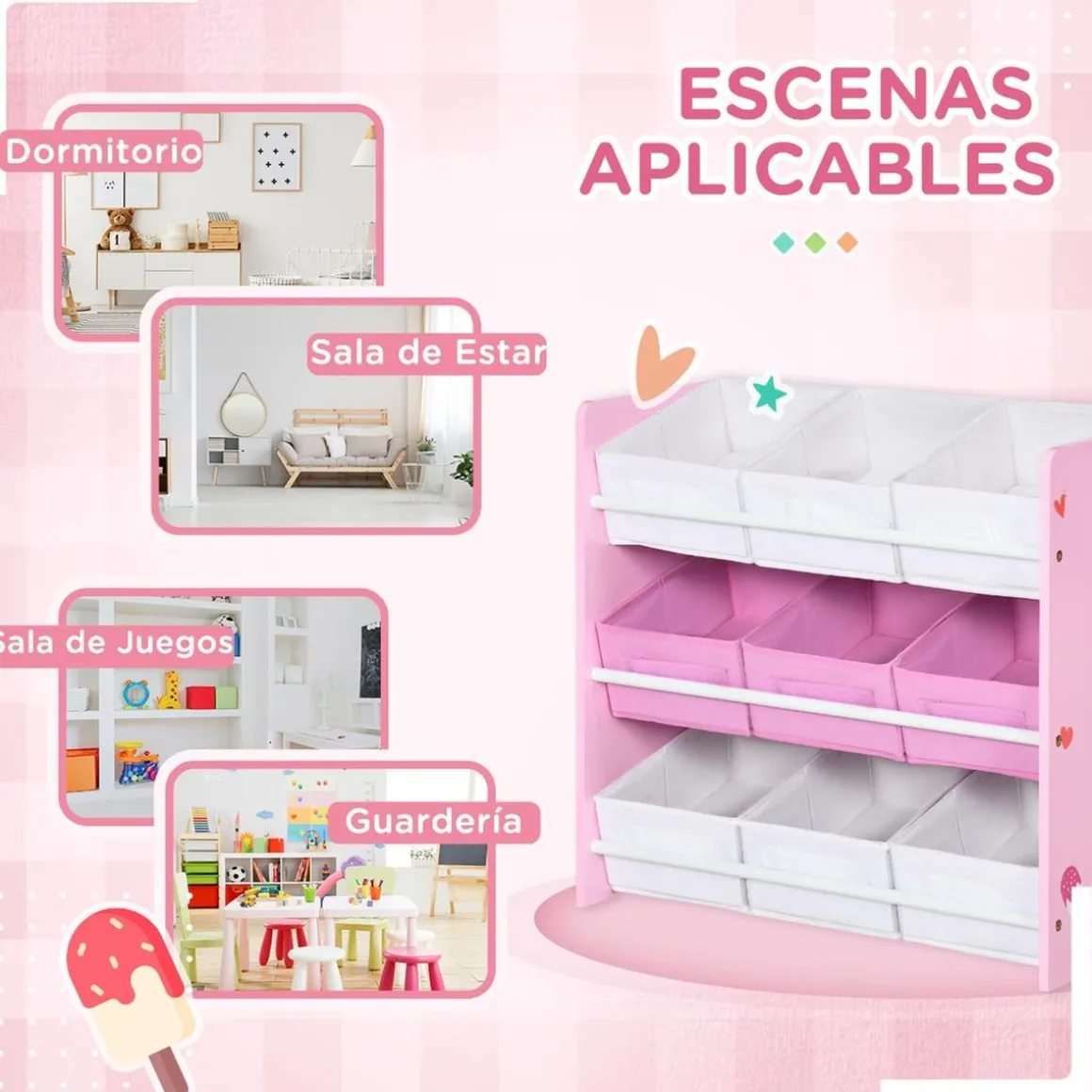 Homcom - Estantería infantil con 9 cajas Rosa