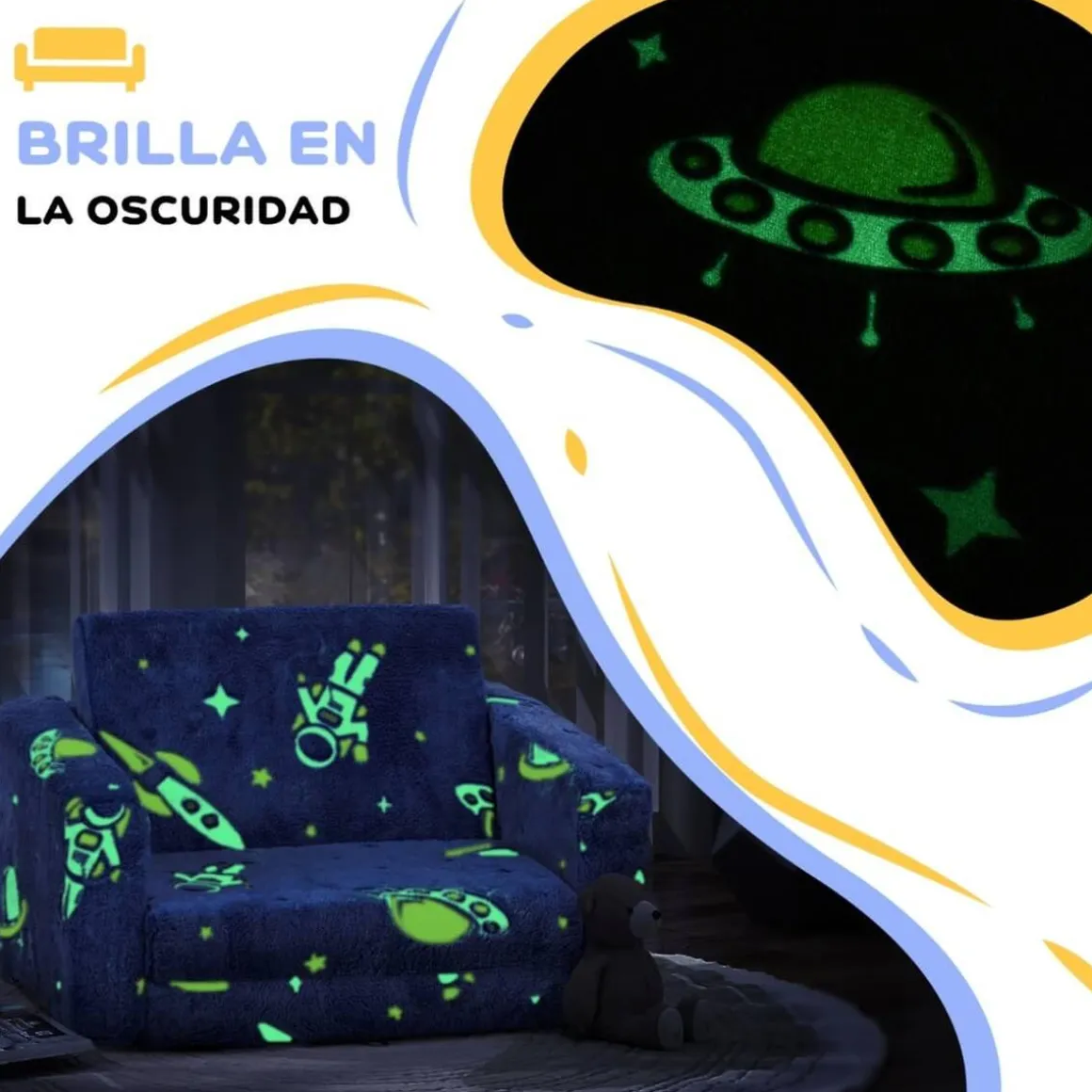 Homcom - Sillón infantil Azul brilla en la oscuridad