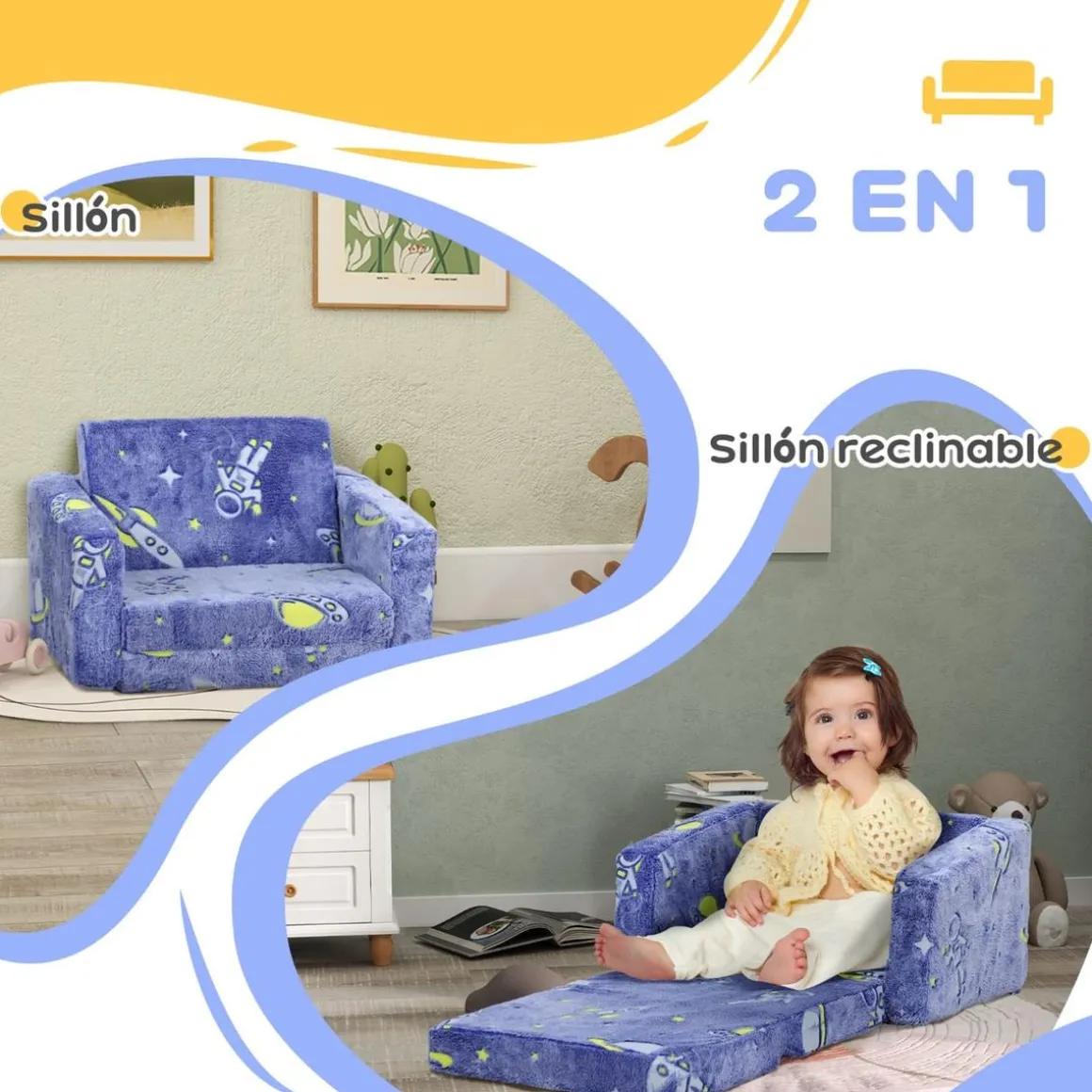 Homcom - Sillón infantil Azul brilla en la oscuridad