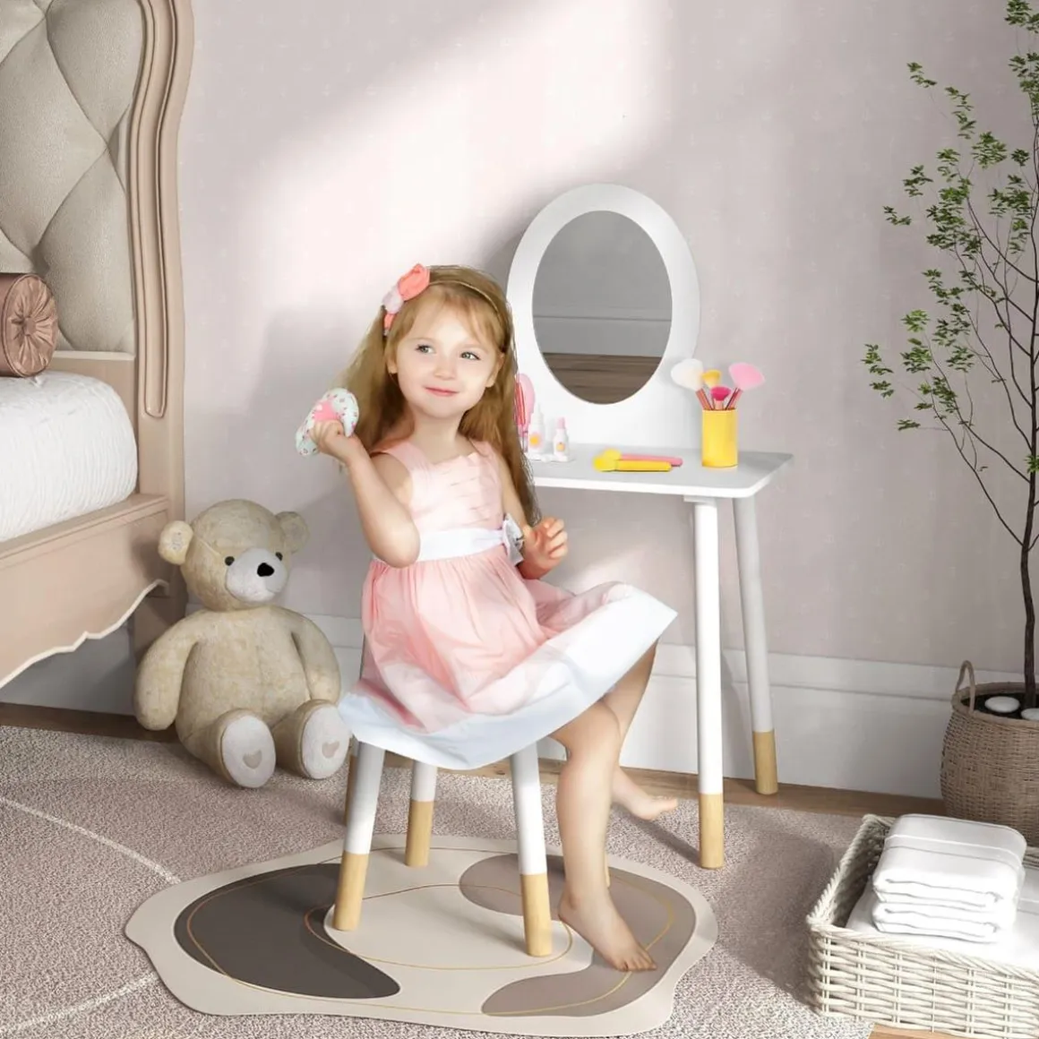 Homcom - Tocador básico con espejo y taburete madera Blanco