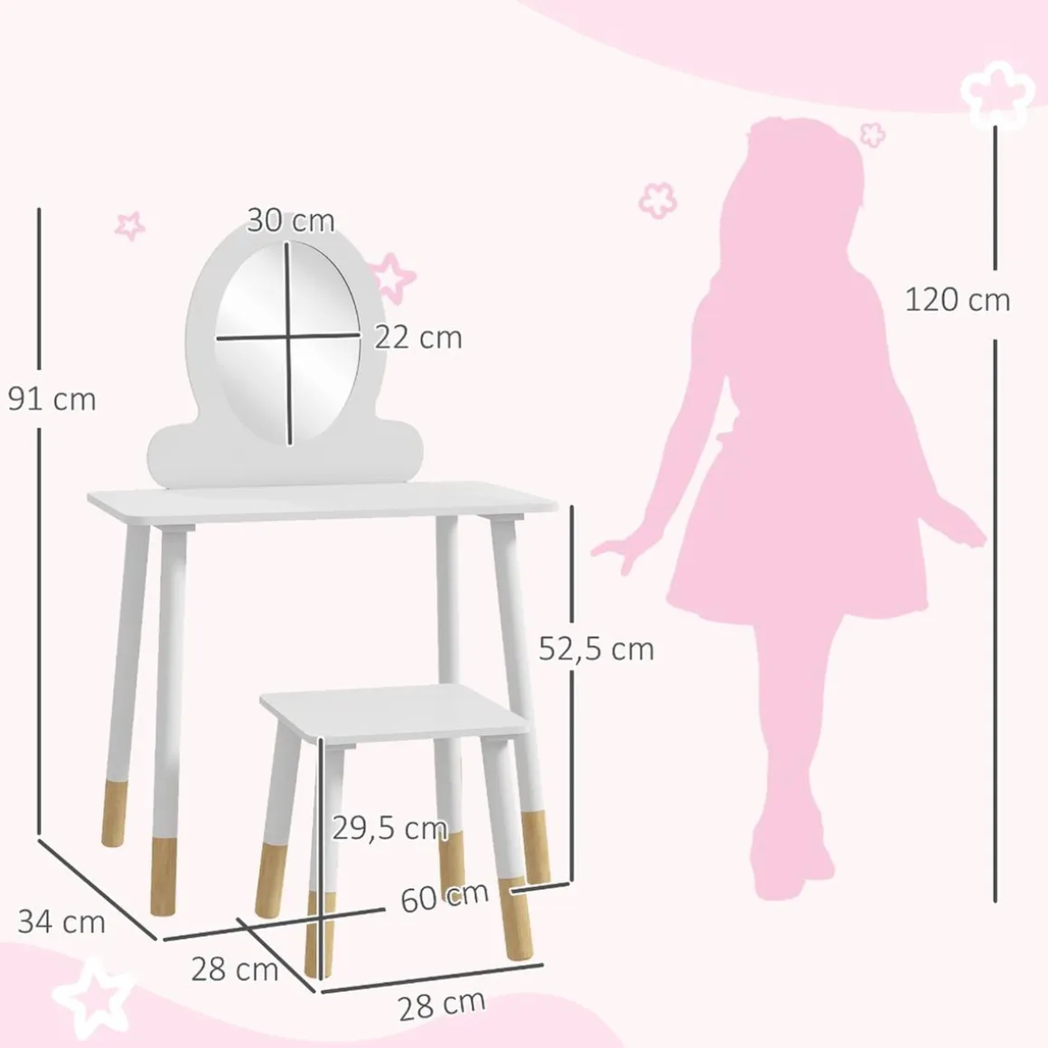 Homcom - Tocador básico con espejo y taburete madera Blanco