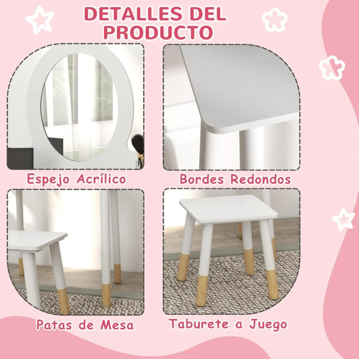 Homcom - Tocador básico con espejo y taburete madera Blanco