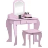 Homcom - Tocador infantil con espejo y taburete madera Rosa
