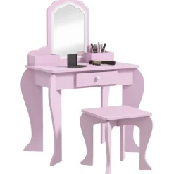 Homcom - Tocador infantil con espejo y taburete madera Rosa