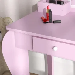 Homcom - Tocador infantil con espejo y taburete madera Rosa