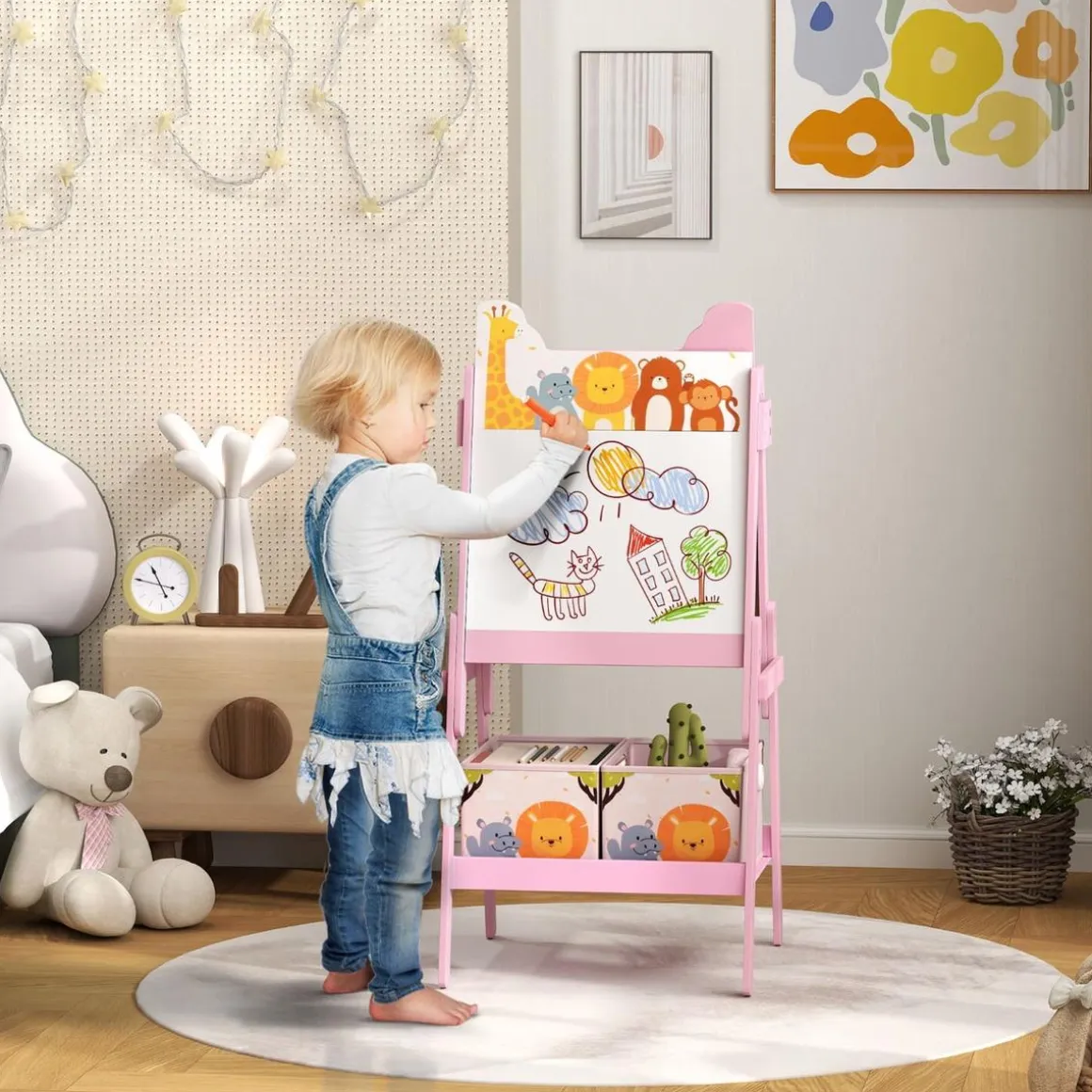 Pizarra 2 en 1 con cajas de tela Rosa