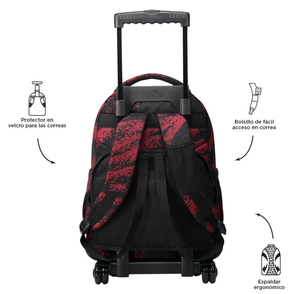 Totto - Mochila escolar con ruedas tiza roja Renglones