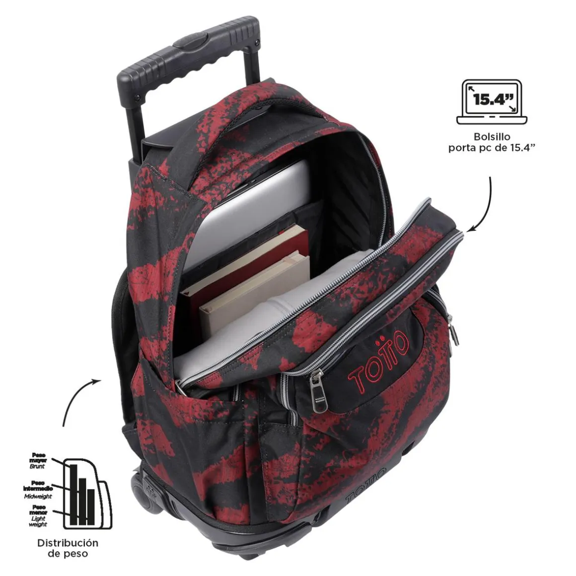 Totto - Mochila escolar con ruedas tiza roja Renglones