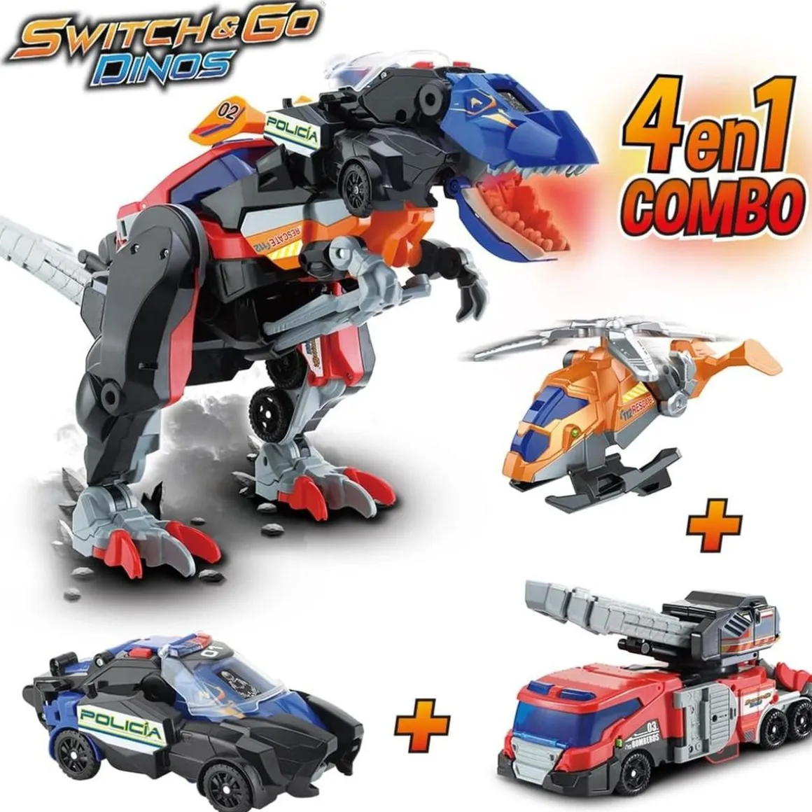 Vtech - Dinosaurio Switch&Go con bomberos y vehículos Mega T-Rex ㅤ